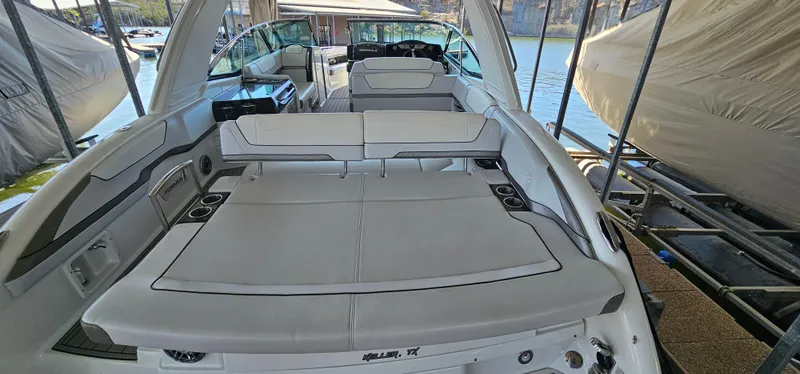 Slide: The Image of 2021 Formula 350 CBR boat interior with spacious seating and sleek design. - 14