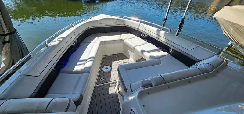 Slide: The Image of 2021 Formula 350 CBR boat interior with spacious seating and elegant design. - 17