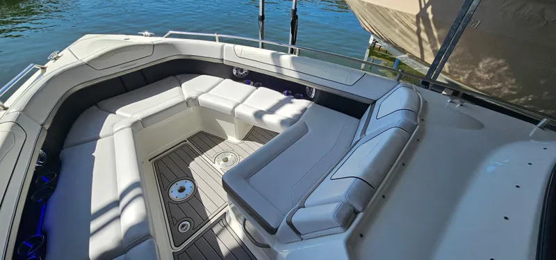 Slide: The Image of 2021 Formula 350 CBR boat interior with luxurious seating and sleek design. - 18