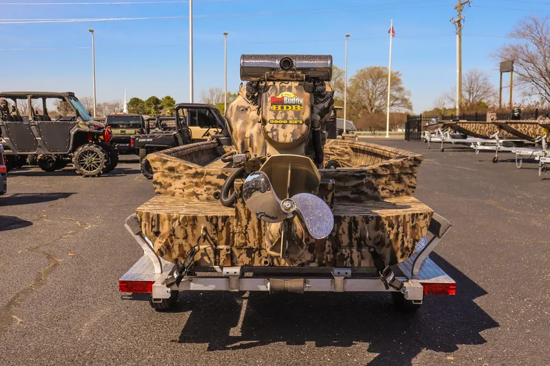 Slide: The Image of 2025 Excel 1754 F4 Shallow Water boat with camouflage design on a trailer. - 6