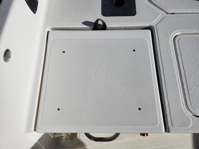 Slide: The Image of 2018 Bayliner Element F21 boat deck with textured surface and hatch. - 11