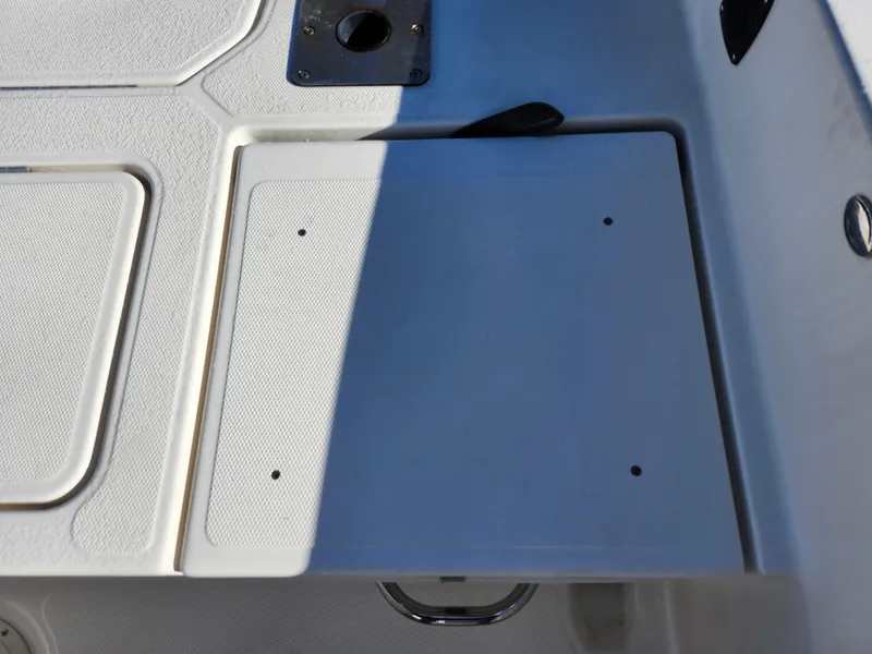 Slide: The Image of 2018 Bayliner Element F21 boat deck with storage compartments and fixtures. - 15