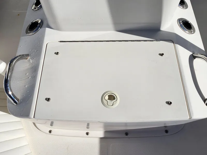 Slide: The Image of 2018 Bayliner Element F21 boat deck with storage compartment and chrome handles. - 36