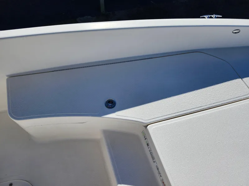 Slide: The Image of 2018 Bayliner Element F21 boat deck, featuring clean white surface and sleek design. - 43