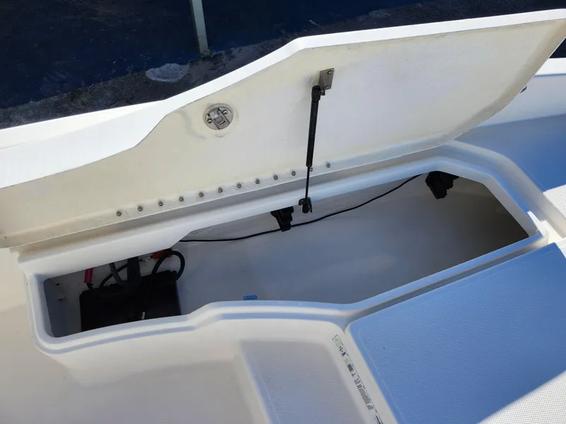 Slide: The Image of 2018 Bayliner Element F21 boat storage compartment with open lid and visible battery. - 44
