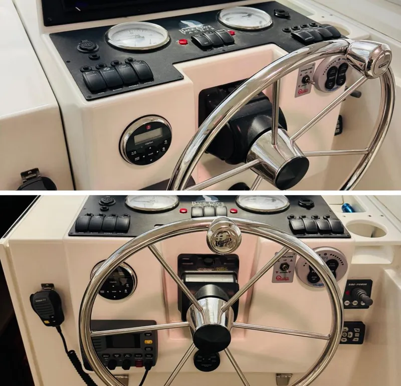 Slide: The Image of 2006 Back Cove 29 boat helm with steering wheel and control panel. - 3