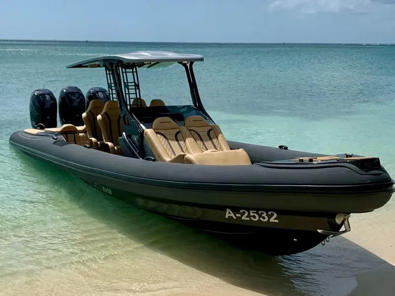 Slide: The Image of 2018 Bernico RX10 boat with triple engines on a sandy beach. - 1