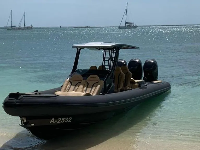 Slide: The Image of 2018 Bernico RX10 boat with triple engines docked on a sunny beach. - 2
