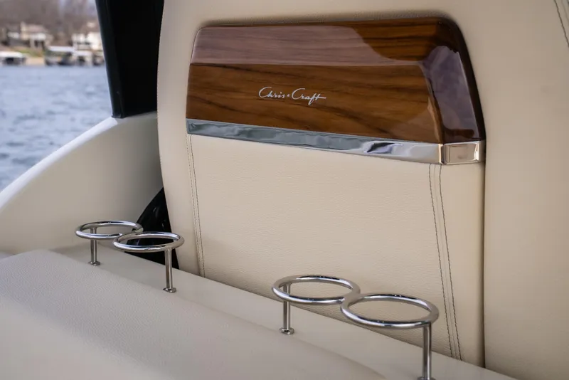 Slide: The Image of 2024 Chris-Craft Calypso 35 CP interior with elegant wood and leather detailing. - 16