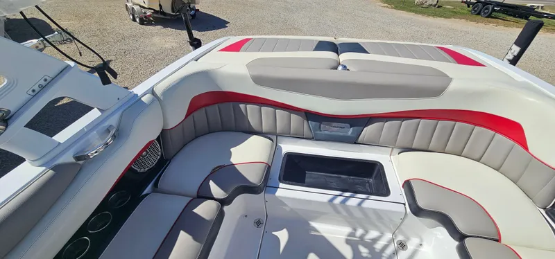 Slide: The Image of Interior of 2013 Malibu Wakesetter 23 MXZ boat with gray and red seating. - 19
