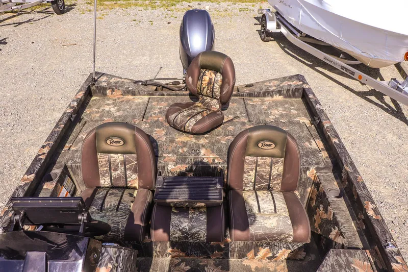 Slide: The Image of 2015 Ranger RT178 boat with camouflage seats and motor, parked on gravel. - 18