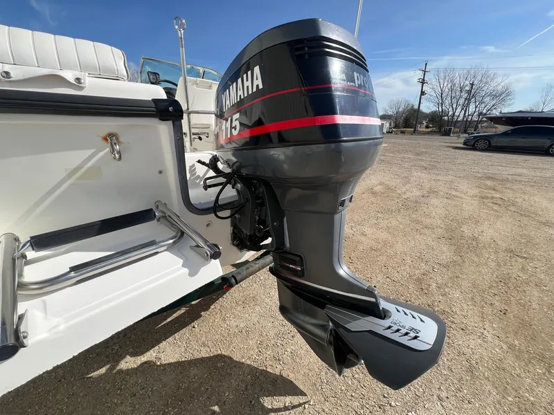 Slide: The Image of 1995 Boston Whaler 170 Dauntless with Yamaha 115 outboard motor in a sunny outdoor setting. - 6
