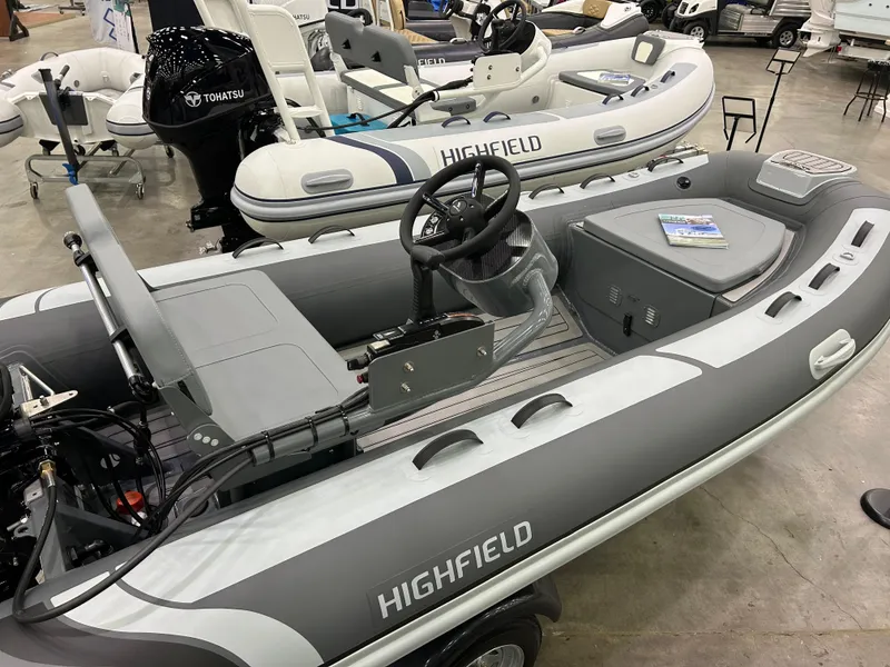 Slide: The Image of 2024 Highfield Classic 380 FCT inflatable boat displayed indoors. - 3