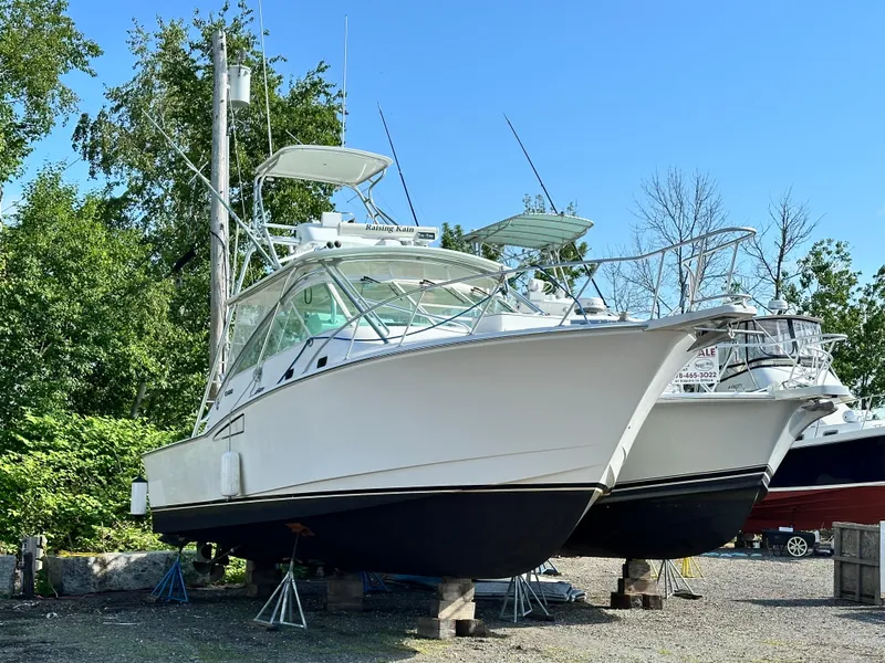 Slide: The Image of 2000 Cabo 35 Express boat on dry dock, surrounded by trees and clear blue sky. - 3