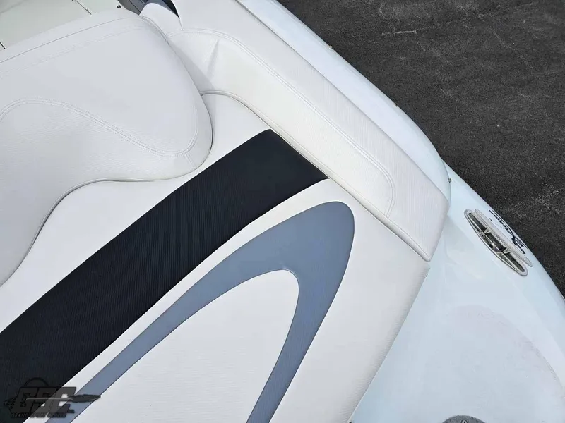 Slide: The Image of Close-up of 2003 Baja .38 Special boat seat with white, black, and gray upholstery. - 44