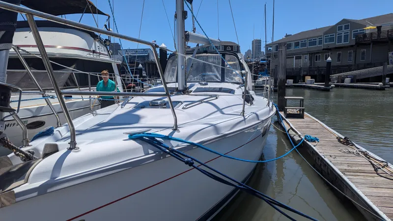 Slide: The Image of Sailboat docked at marina, 1999 Hunter 380 model, sunny day. - 7