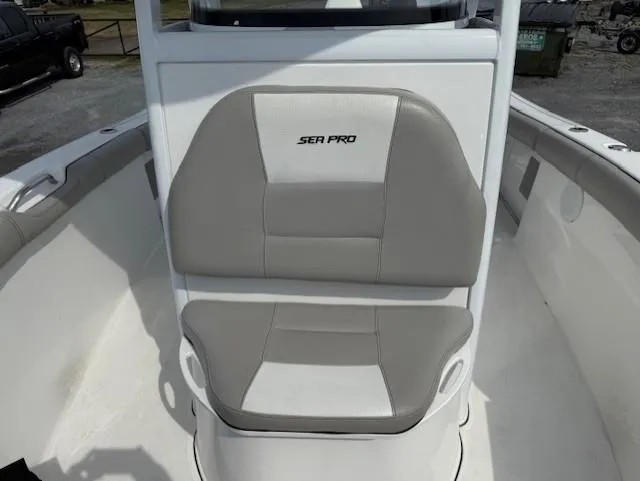 Slide: The Image of 2018 Sea Pro 239 Center Console boat seat, gray and white upholstery. - 14