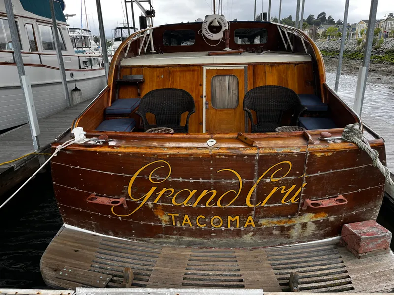 Slide: The Image of 1948 Chris-Craft Double Cabin boat named "Grand Cru" docked in Tacoma marina. - 3