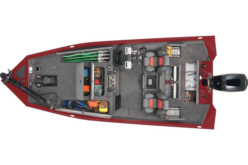 Slide: The Image of 2025 Tracker Pro Team 195 Tournament Edition boat interior with steering console and seating. - 6