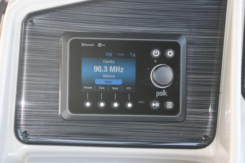 Slide: The Image of Polk audio system in 2025 Sylvan Mirage X3 Party Fish, displaying 96.3 MHz FM radio. - 36