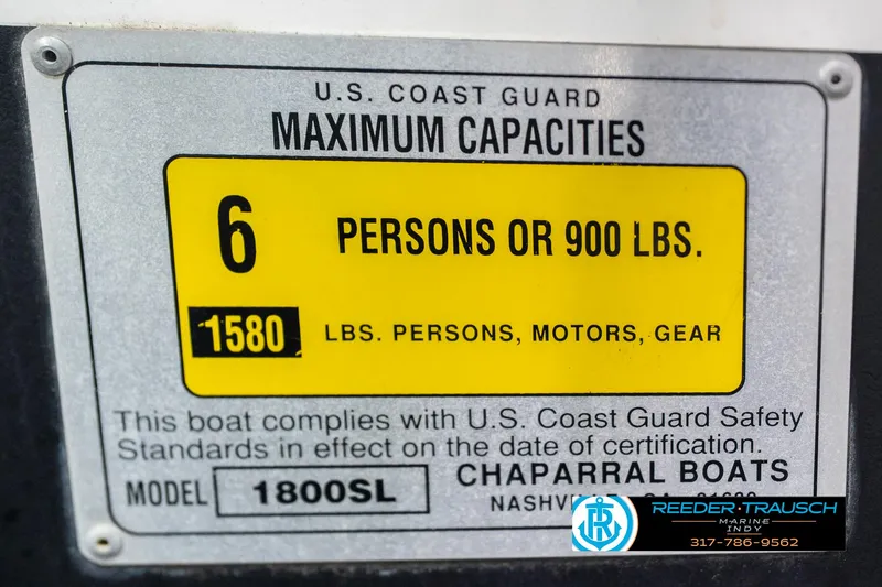 Slide: The Image of 1991 Chaparral 1800 SL capacity label, 6 persons or 900 lbs, U.S. Coast Guard compliant. - 49