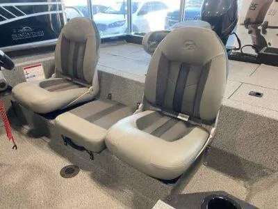 Slide: The Image of 2025 G3 Sportsman 1610 boat interior with two gray cushioned seats. - 6