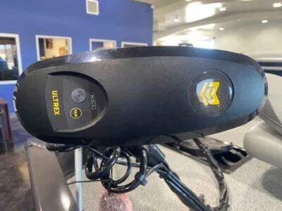 Slide: The Image of 2025 G3 Sportsman 1610 boat with Ultrex trolling motor, indoor showroom display. - 8