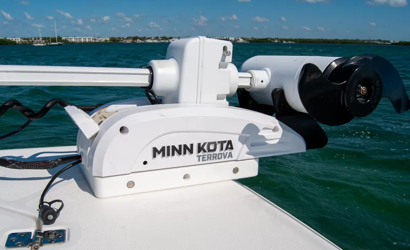 Slide: The Image of Minn Kota Terrova motor on 2023 Crevalle 33 CSF boat in open water. - 22