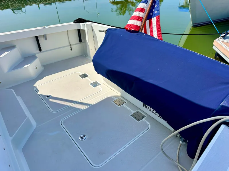 Slide: The Image of 2008 Back Cove 33 Express boat deck with blue cover and American flag. - 11
