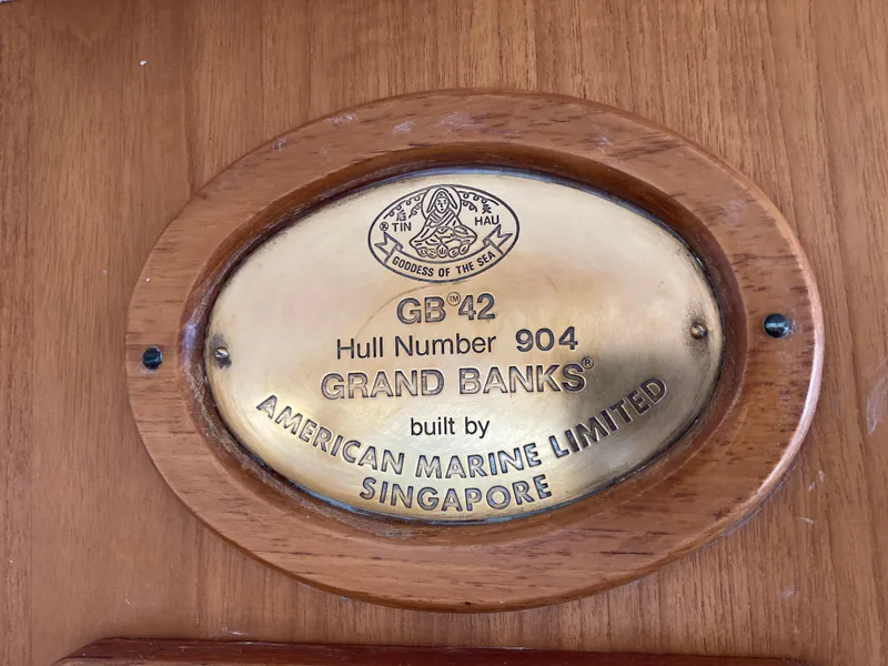 Slide: The Image of Plaque of 1985 Grand Banks 42 Classic, hull number 904, built by American Marine Limited, Singapore. - 11