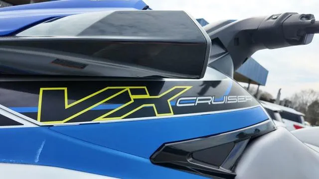 Slide: The Image of 2020 Yamaha Waverunner VX Cruiser, close-up of blue and black design with logo. - 6