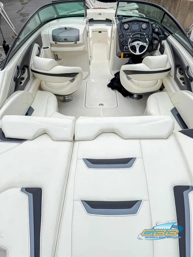 Slide: The Image of 2014 Monterey 244FS boat interior with white seating and modern dashboard. - 25