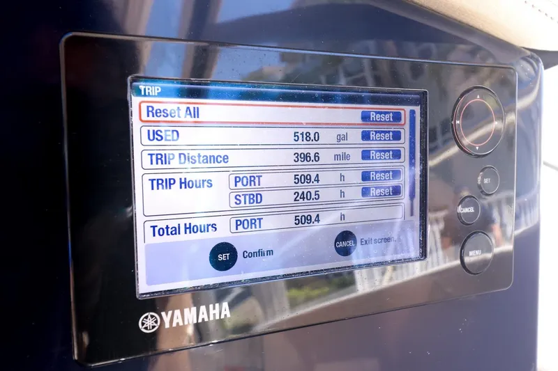 Slide: The Image of Yamaha display showing trip data on a 2016 Pursuit SC 365i boat. - 20