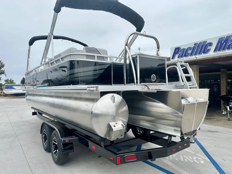 Slide: The Image of 2025 Avalon 23' Venture Quad Lounger with 150HP Mercury on trailer at Pacific Marine. - 9