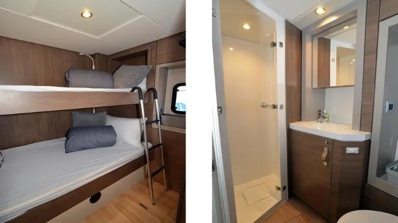 Slide: The Image of Bali 4.6 (2022) yacht interior: cozy bunk beds and modern bathroom with shower. - 8