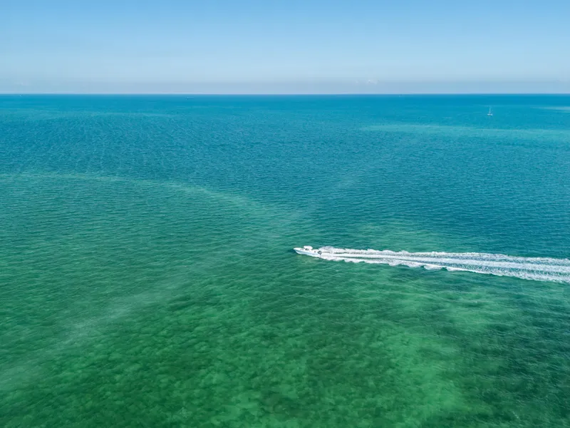 Slide: The Image of 2024 Cobia 330 Dual Console cruising on clear blue ocean waters. - 32