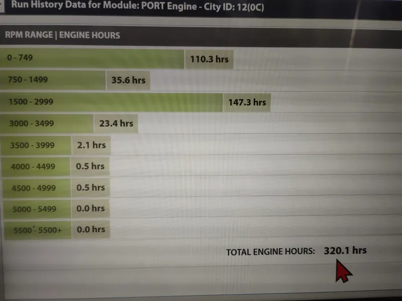 Slide: The Image of Engine hours breakdown for 2007 Crownline 320LS, total 320.1 hours across RPM ranges. - 19
