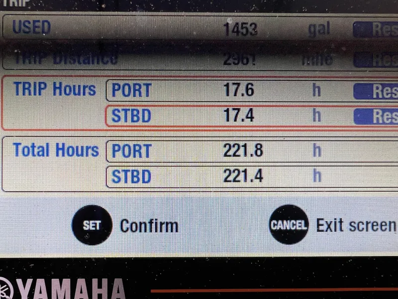 Slide: The Image of Display screen showing trip and total hours for Sea Hunt Gamefish 27, 2020 model. - 16