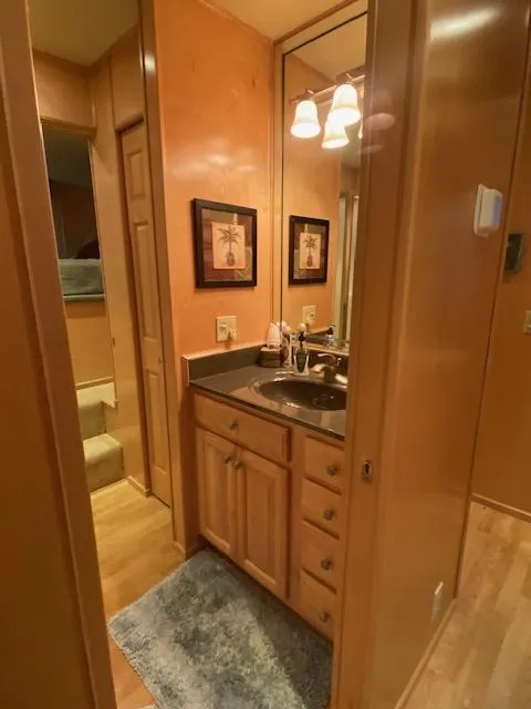 Slide: The Image of 2007 Sharpe 18 x 84 Houseboat bathroom with wooden cabinetry and modern fixtures. - 19