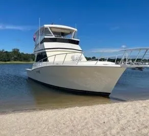 Slide: The Image of 1989 Viking 41 Convertible yacht docked on a sandy beach under a clear blue sky. - 2