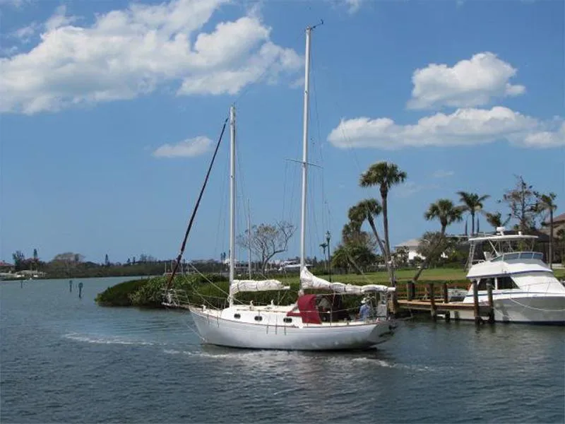 The Image of 1974 Custom Lazy Jack 32 sailboat cruising on a sunny day with palm trees in the background. - 0