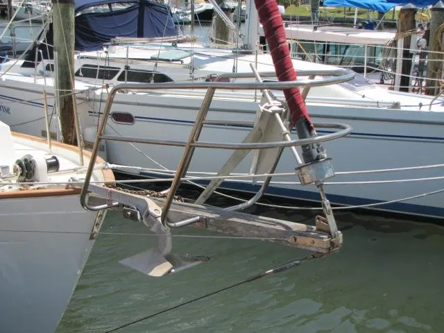 Slide: The Image of Bow of a 1974 Custom Lazy Jack 32 sailboat with anchor and railing. - 6