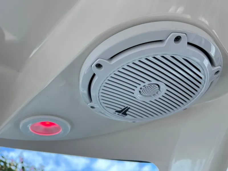 Slide: The Image of Speaker and light on 2016 Pursuit DC 295 Dual Console boat ceiling. - 49