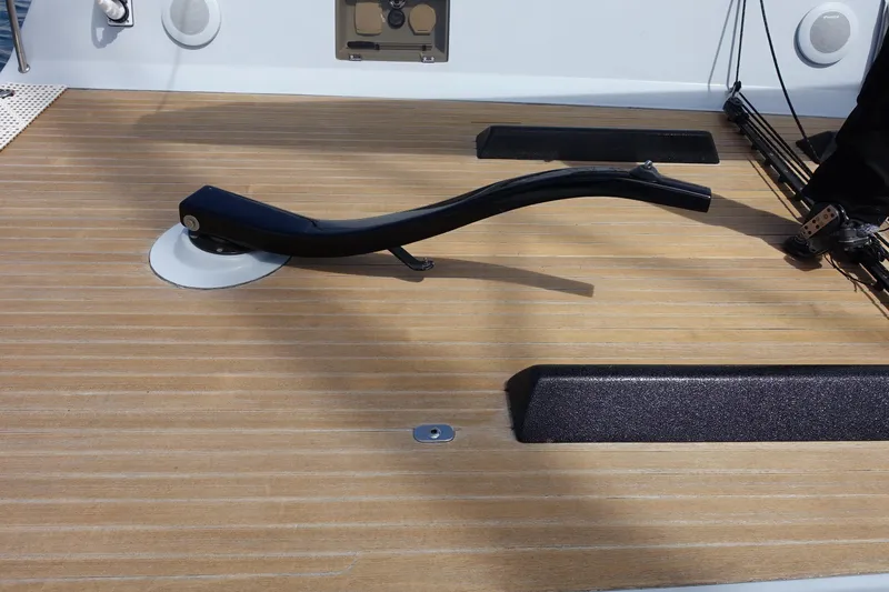 Slide: The Image of Deck of 2006 Maxi Dolphin CrossCurrent 33 sailboat with sleek fittings and wood finish. - 11