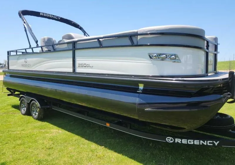 The Image of 2024 Regency 250 DL3 pontoon boat on trailer, displayed on grass under clear blue sky. - 1