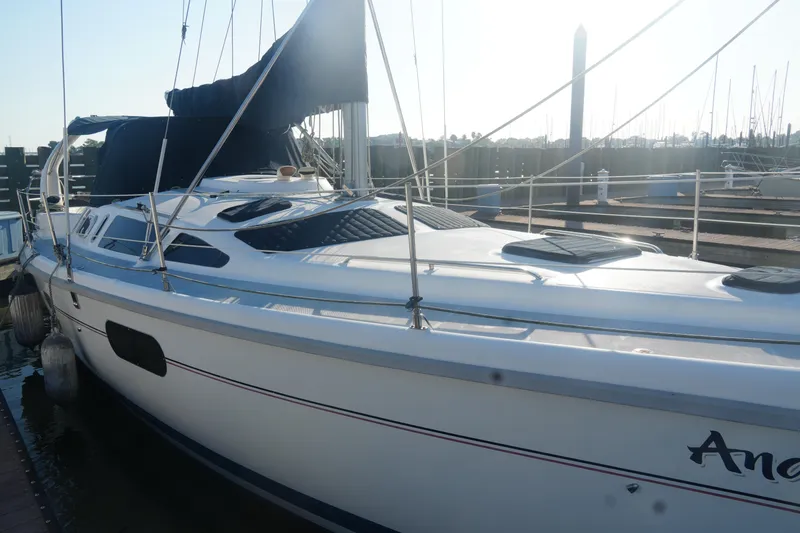 Slide: The Image of Sailboat docked at marina, 1998 Hunter 410 model, sunny day. - 2