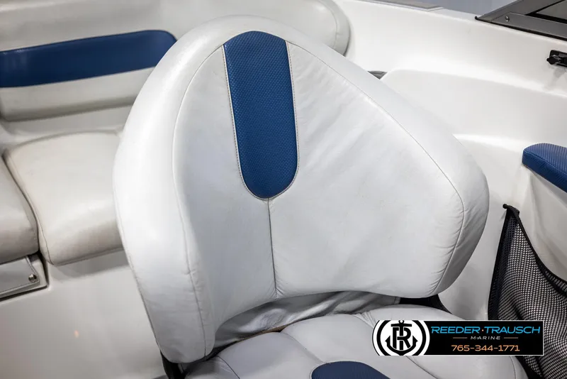 Slide: The Image of 2007 Sea-Doo 180 Challenger boat seat with blue and white upholstery. - 37