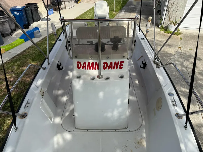 Slide: The Image of 1996 Boston Whaler Outrage 17 boat interior with "Damn Dane" text on console. - 41