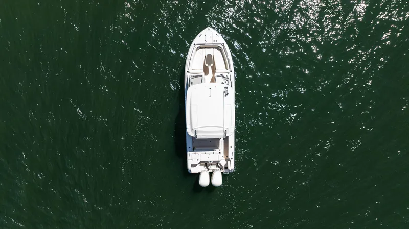 Slide: The Image of 2020 Grady-White Freedom 285 boat cruising on open water, clear sky, distant buildings. - 3