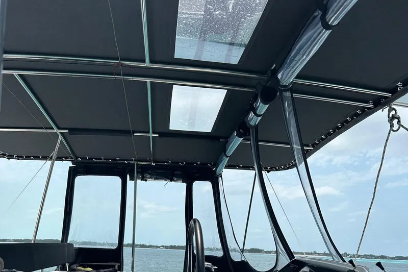 Slide: The Image of 2019 Lagoon 450 F Owner's Edition catamaran interior with skylights and ocean view. - 3